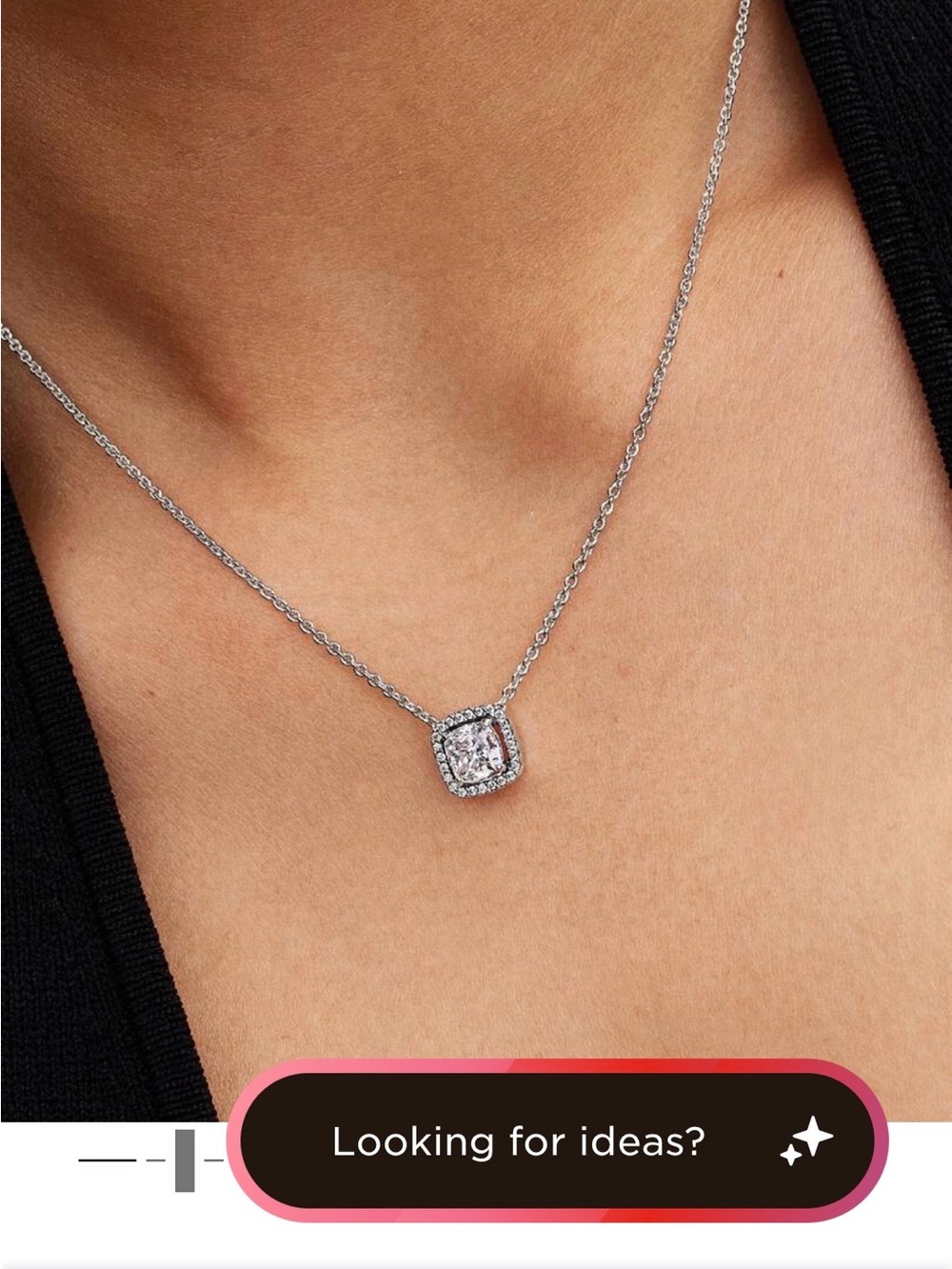 Pandora Silver Halo Square Pendant Necklace with Clear Stones